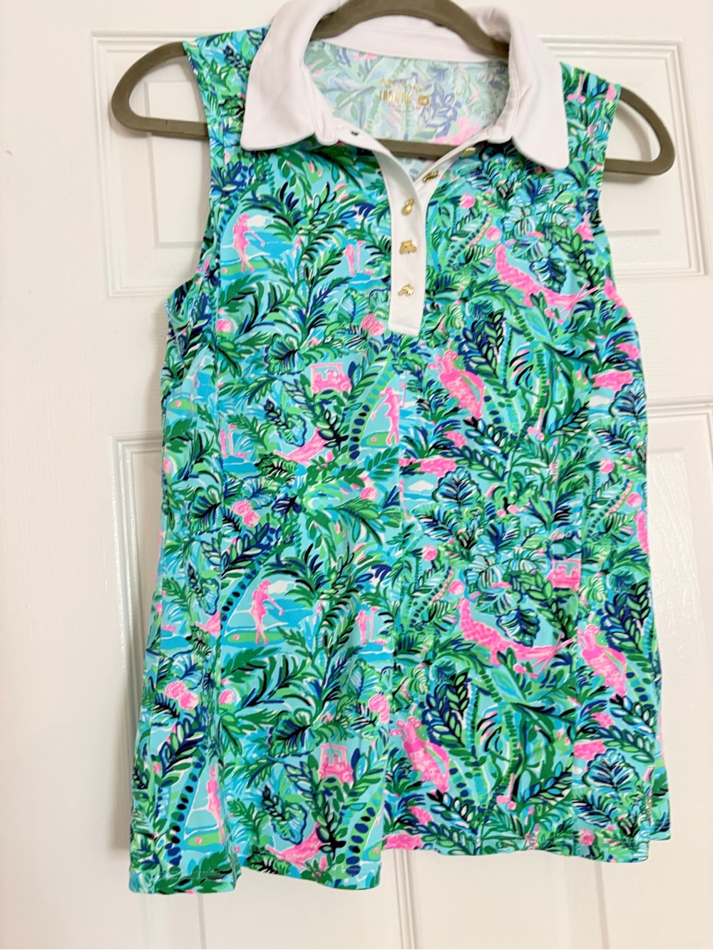 EUC Lilly Pulitzer Luxletic Imara Sleeveless Polo Top Golf Aqua, Green,Pink Sz L